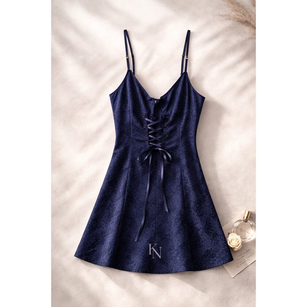 Vintage Victoria’s Secret Navy Jacquard Slip Dress — Corset Lace Back — Size L